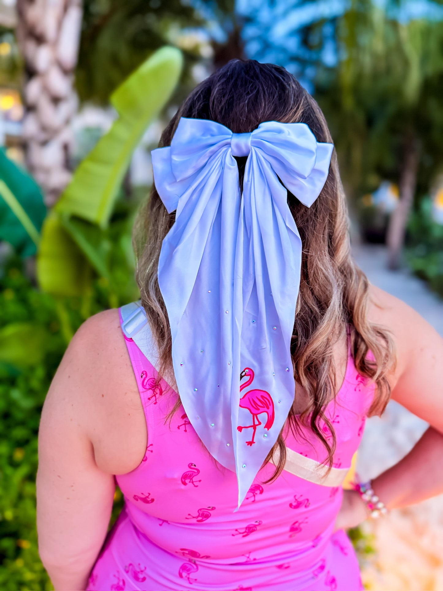White Hair Bow with Flamingo