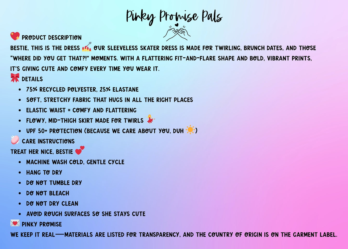 Product description card for a dress by Pinky Promise Pals with text details on a gradient background.