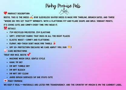 Product description card for a dress by Pinky Promise Pals with text details on a gradient background.