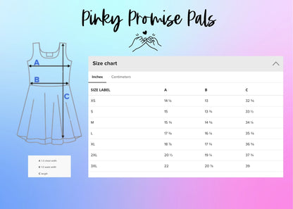 Size chart for women's dresses with measurements on a gradient background