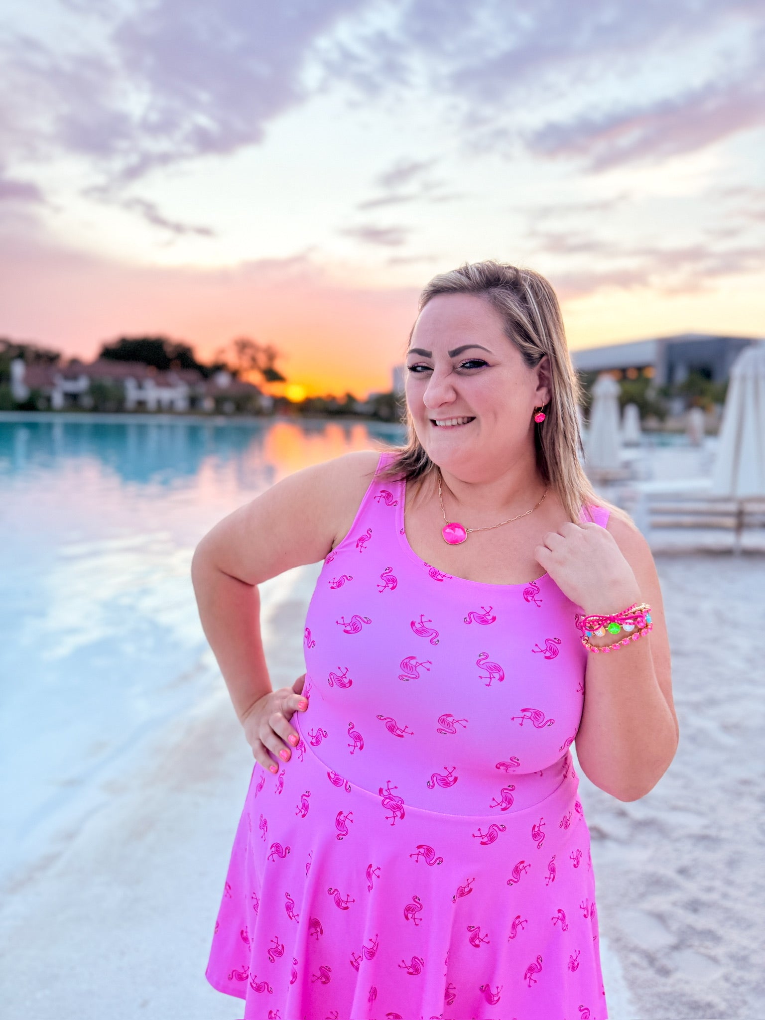 Woman in Pink Flamingo Dress