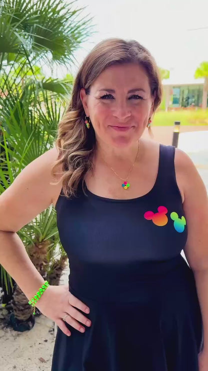 Woman in rainbow black mickey dress video 